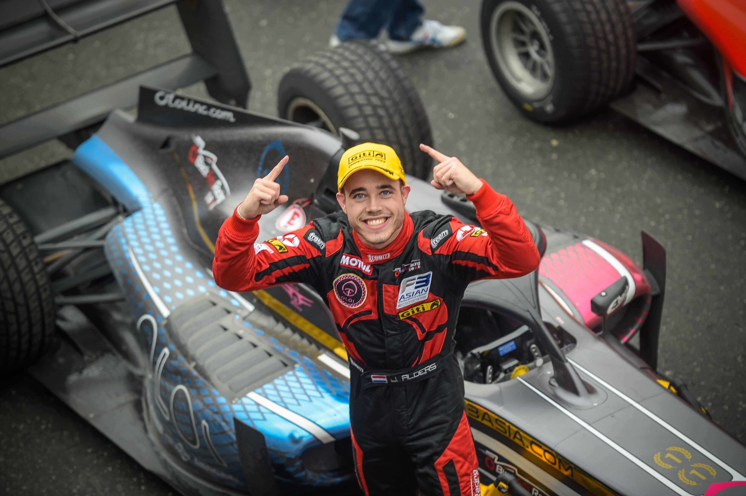 Joey Alders celebrates one of his four race victories.