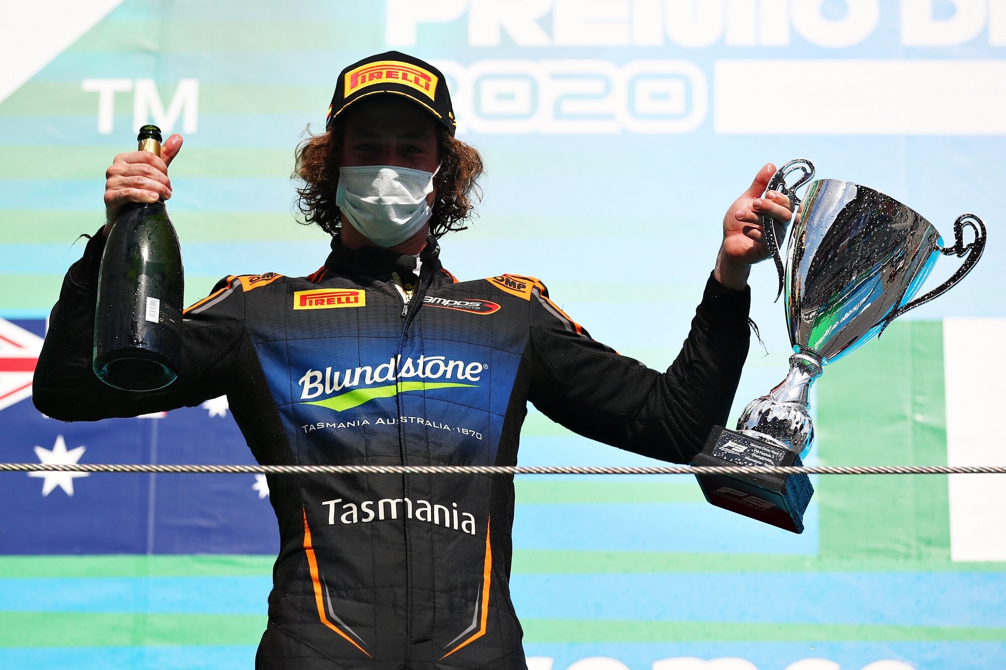 Alex Peroni on the FIA Formula 3 podium in Barcelona. (Image: Supplied/Formula Motorsport Limited)