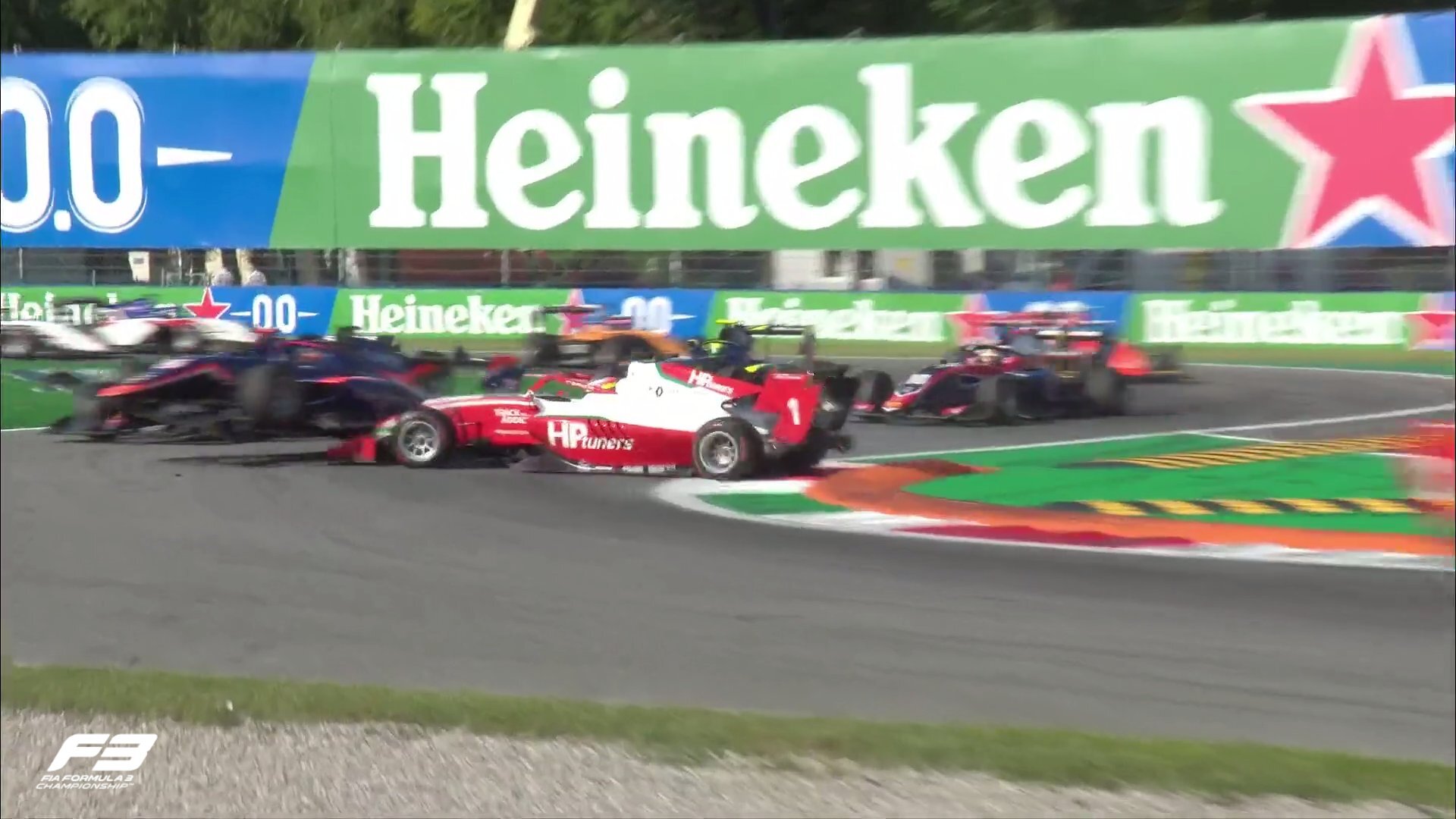 The moment Oscar Piastri was tipped around into the chasing pack. (Image: Twitter/FIAFormula3)