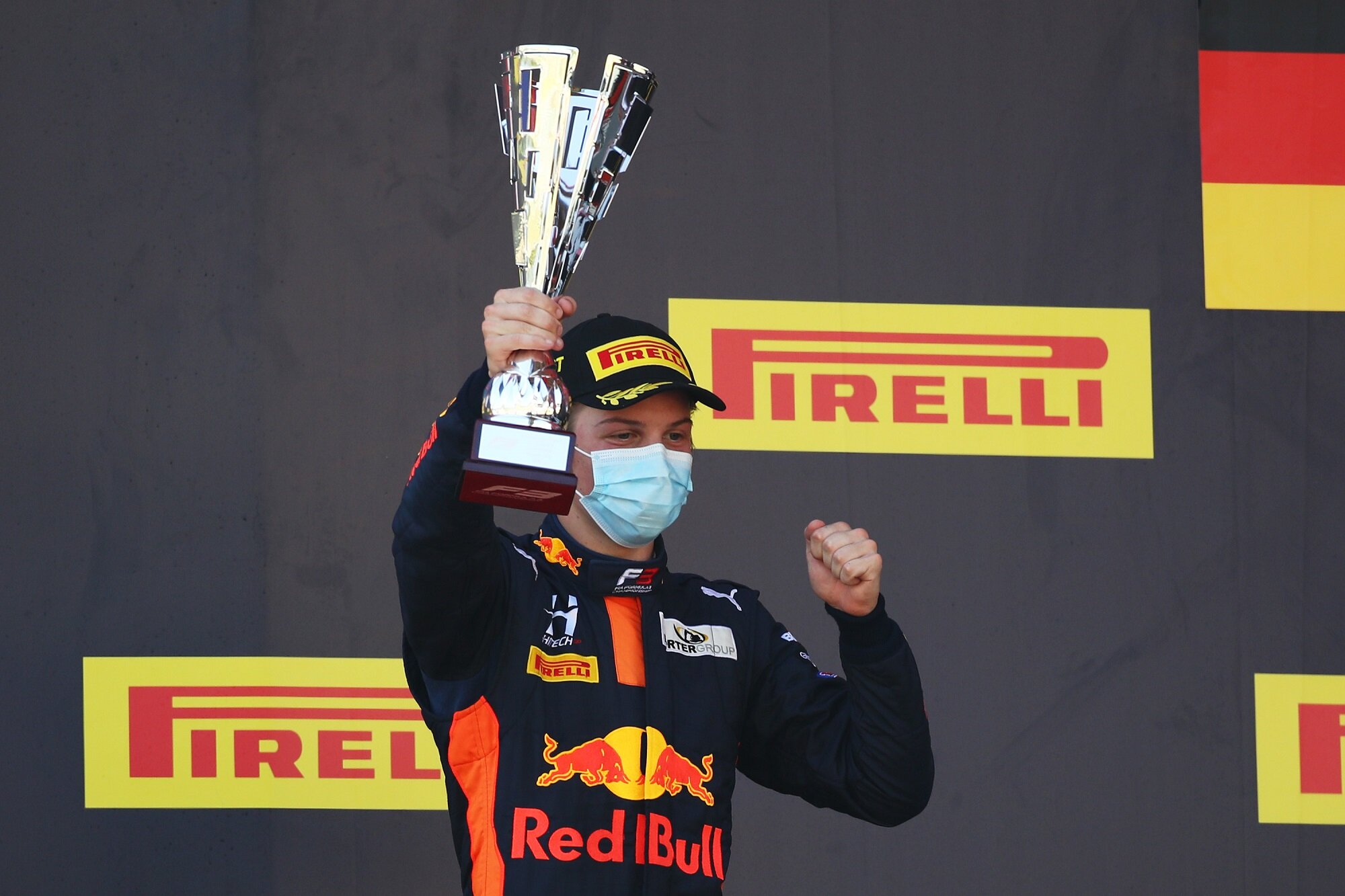 Liam Lawson celebrates on the podium in Mugello after winning the FIA Formula 3 finale. (Image: Supplied/Formula Motorsport Limited)