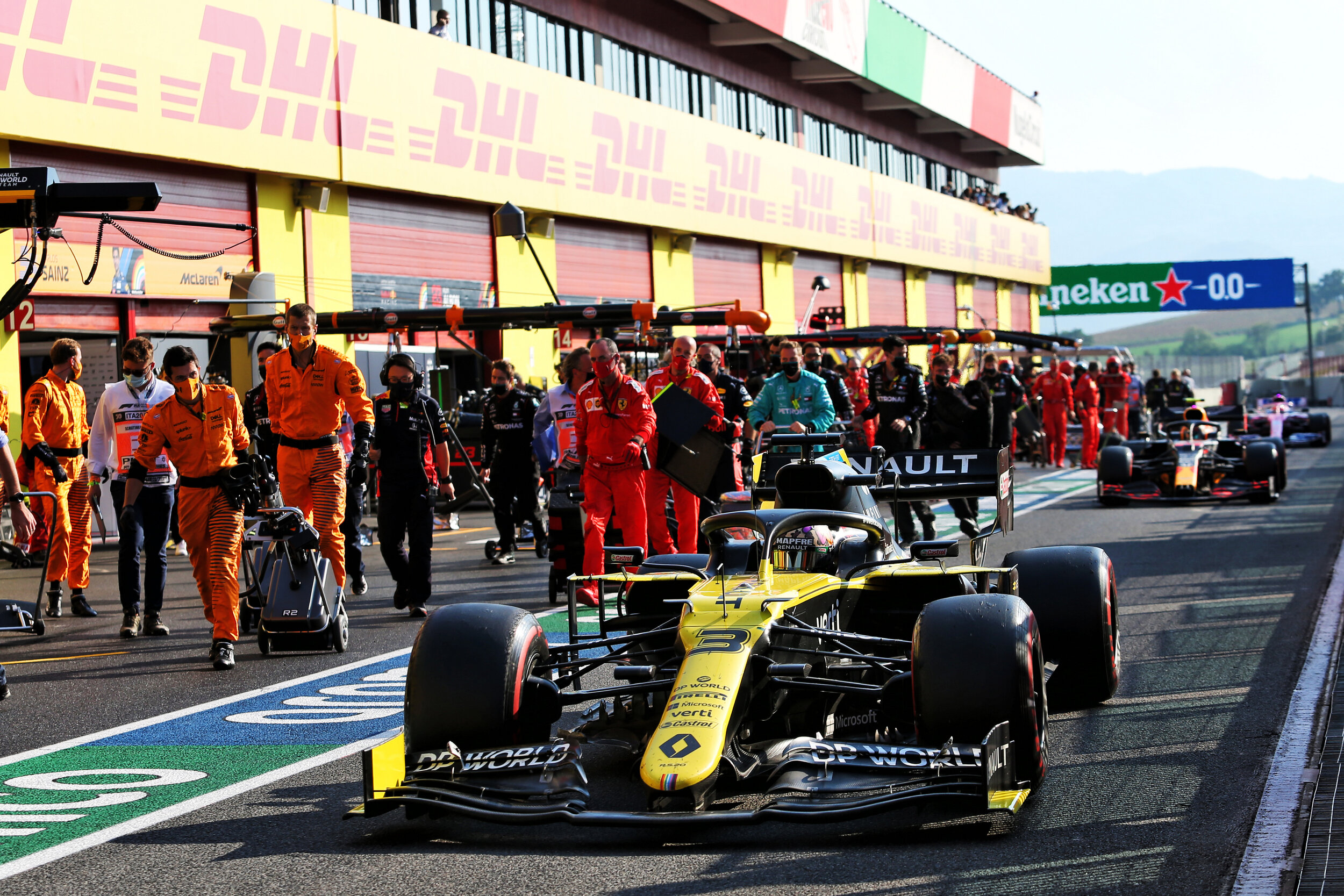 Daniel Ricciardo in the pit lane during a Red Flag period in the Tuscan Grand Prix. (Image: Supplied)