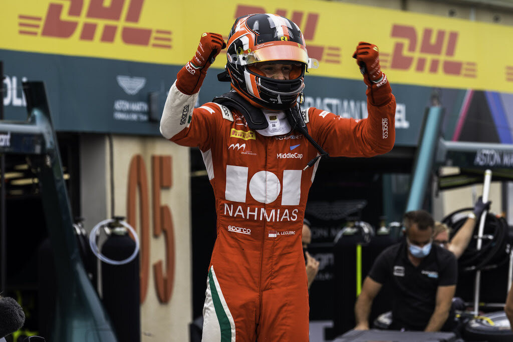 Arthur Leclerc celebrates after winning at Le Castellet. (Prema Racing)