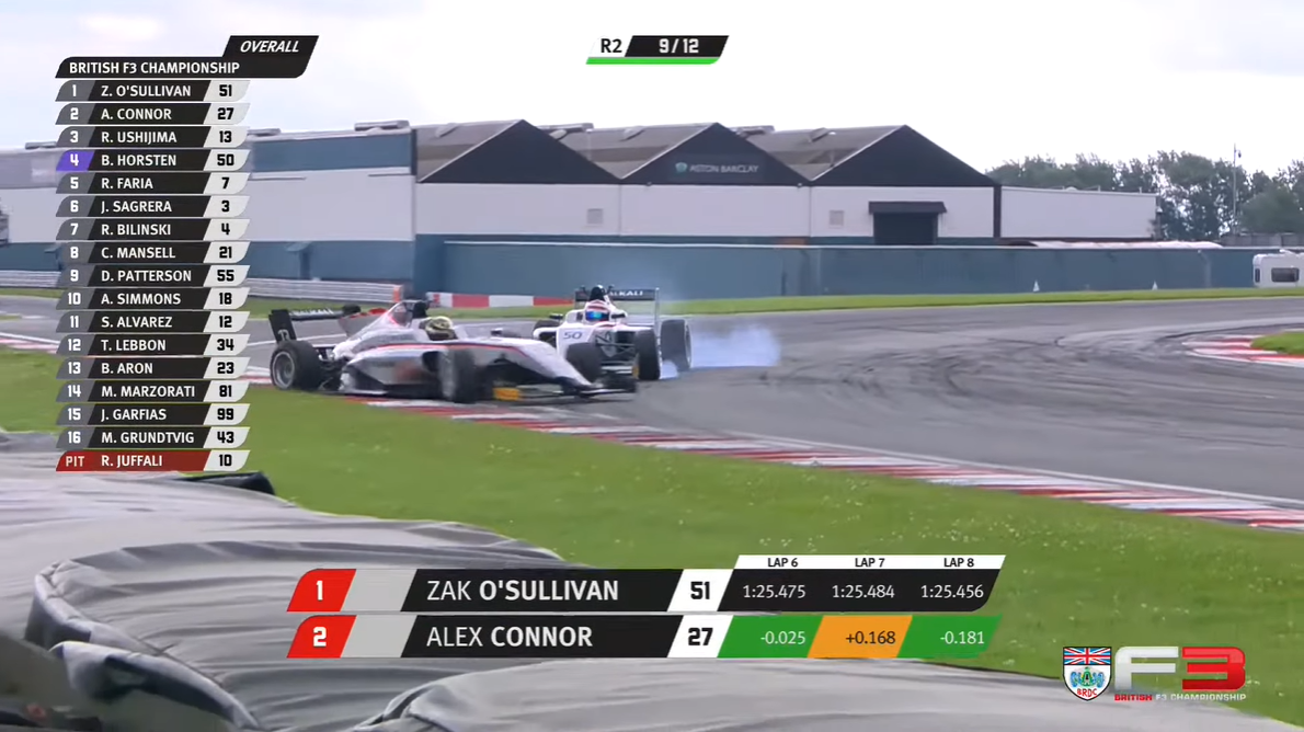 Teammates Bart Horsten and Reece Ushijima collide while battling for third. (BRDC British F3 Championship)