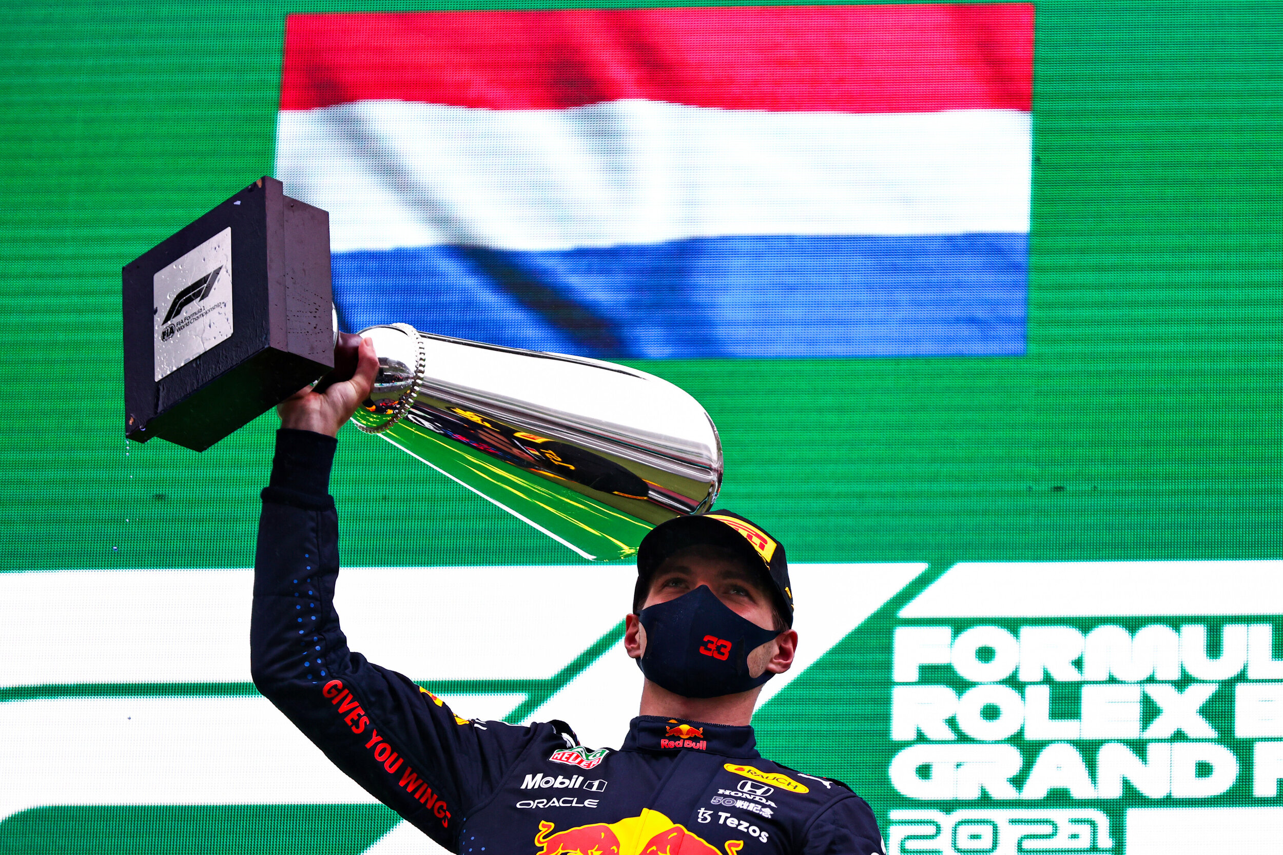 A trophy and half-points for Max Verstappen at the Belgian Grand Prix. (Getty Images / Red Bull Content Pool)