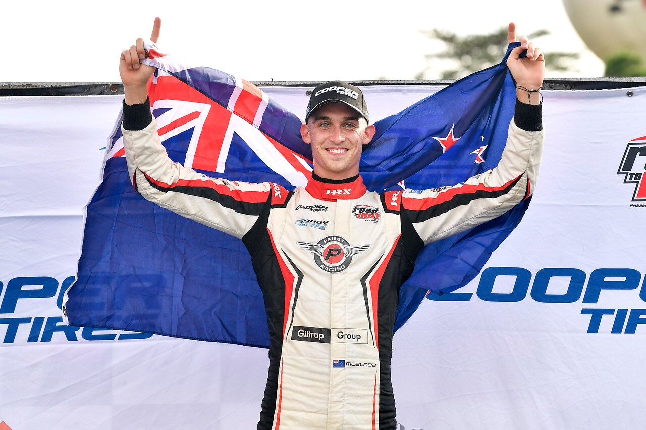 Hunter McElrea celebrates his race three victory. (Gavin Baker Photography/Road to Indy)