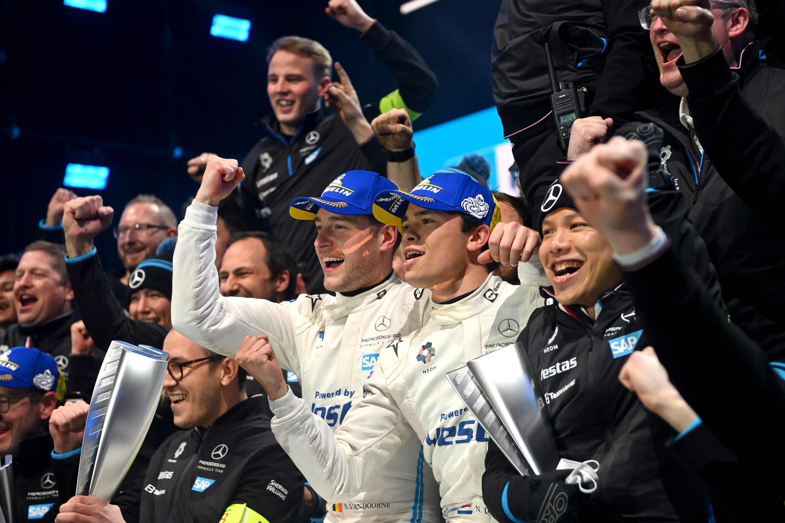 Nyck de Vries and Stoffel Vandoorne celebrate the Formula E victory in Saudi Arabia